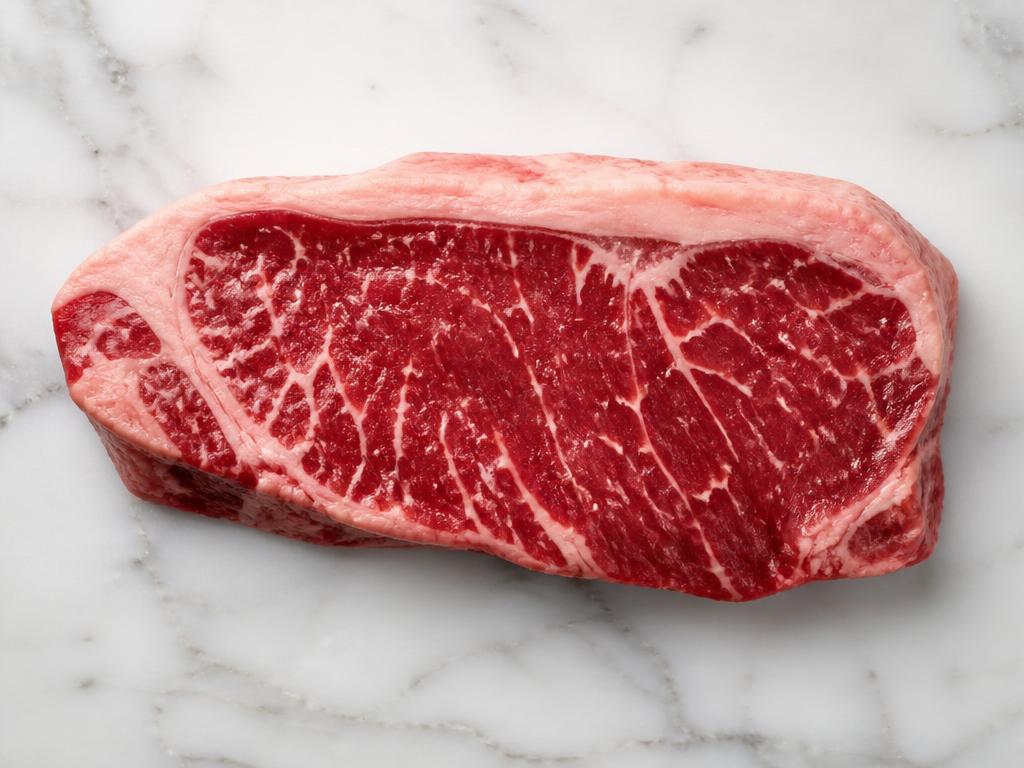 New York Strip Steak — ნიუ-იორკ სტრიპ სტეიკი — USDA Prime raw steak with marbling